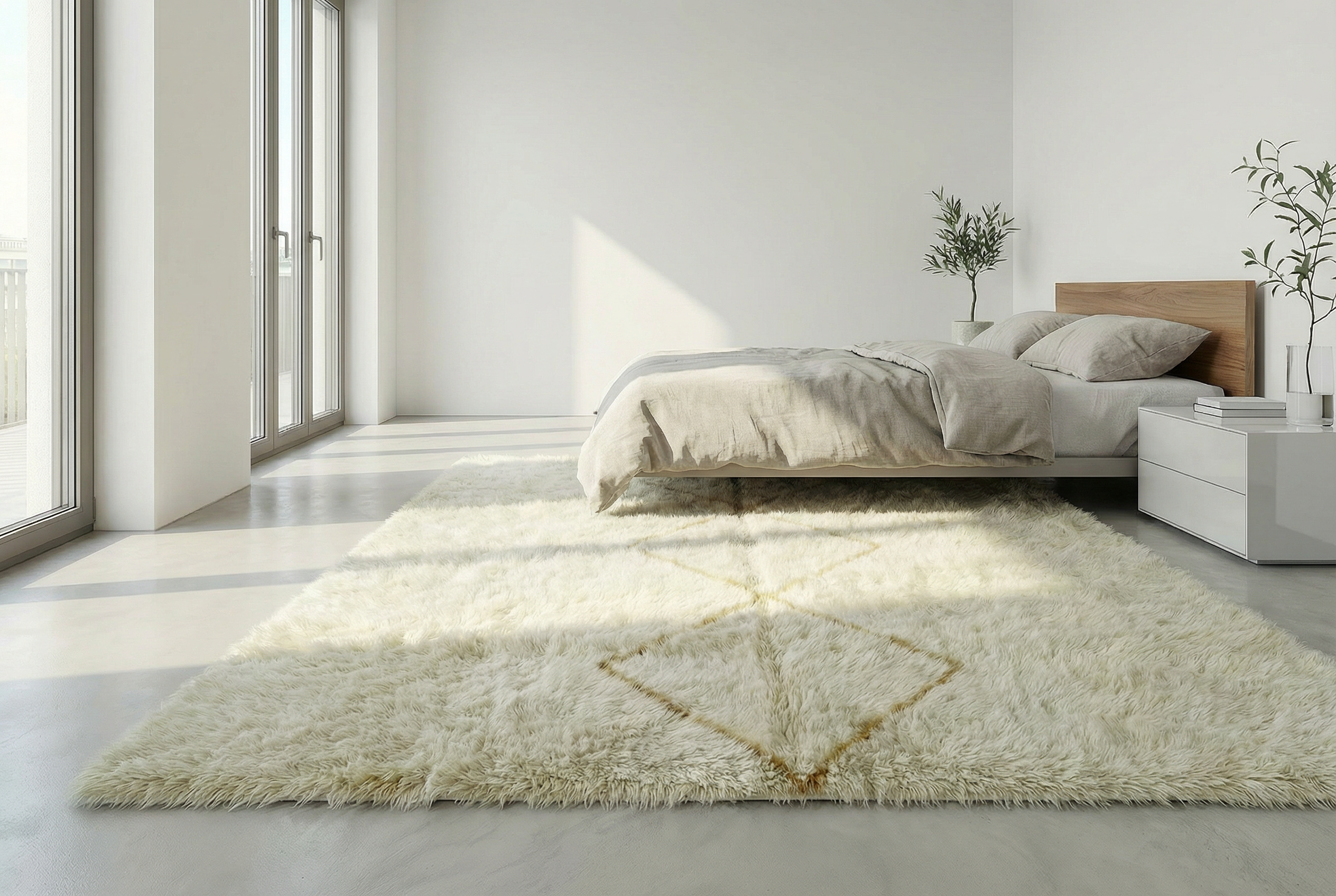 Beni Ourain - Yellow and Dark Blue, Square Pattern, Handmade Minimalistic Wool Carpet, Custom, Berber Area Rug