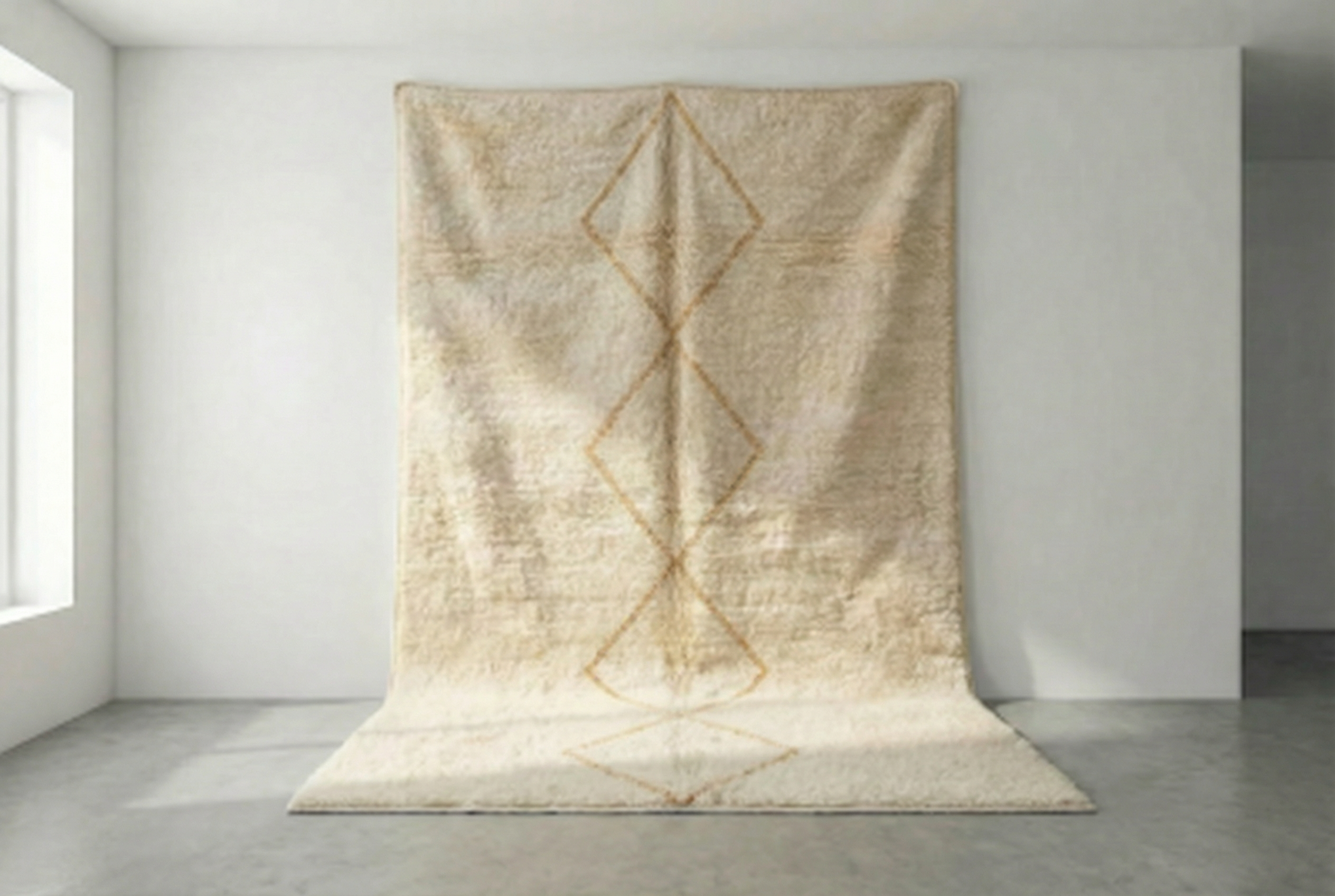 Beni Ourain - Yellow and Dark Blue, Square Pattern, Handmade Minimalistic Wool Carpet, Custom, Berber Area Rug