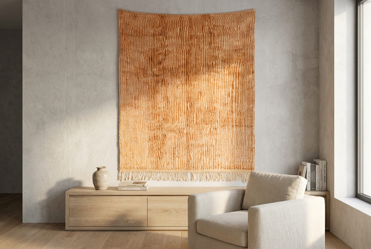 beige Moroccan rug minimalist striped design - Moroccan Berber rug brown beige,  handmade Beni ourain rug  - Wool area rug -Living room rug