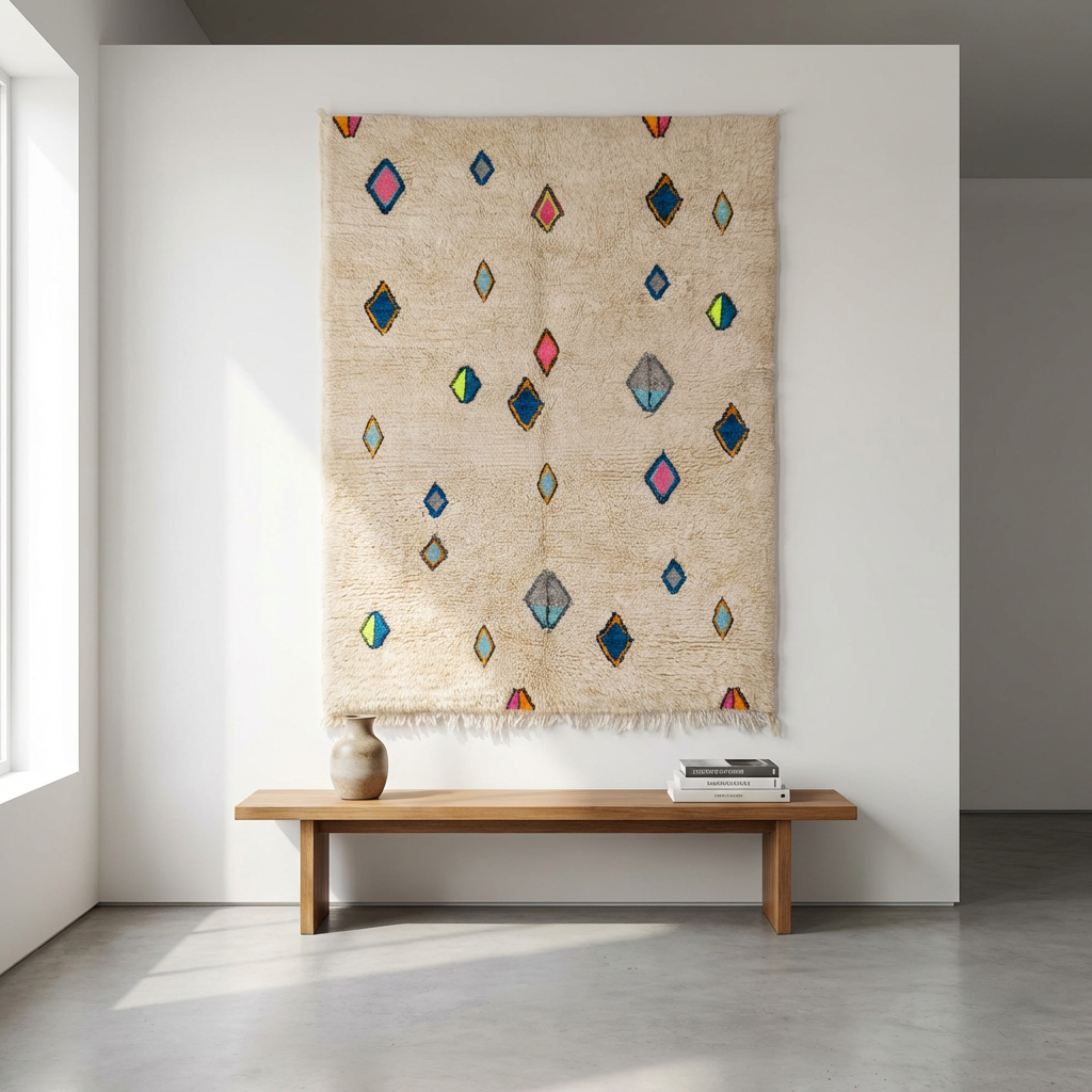 Azilal- Colourful traditional White Berber Carpet with Symbols - Handmade Rug - Moroccan Berber Rug - Traditional Moroccan Carpet