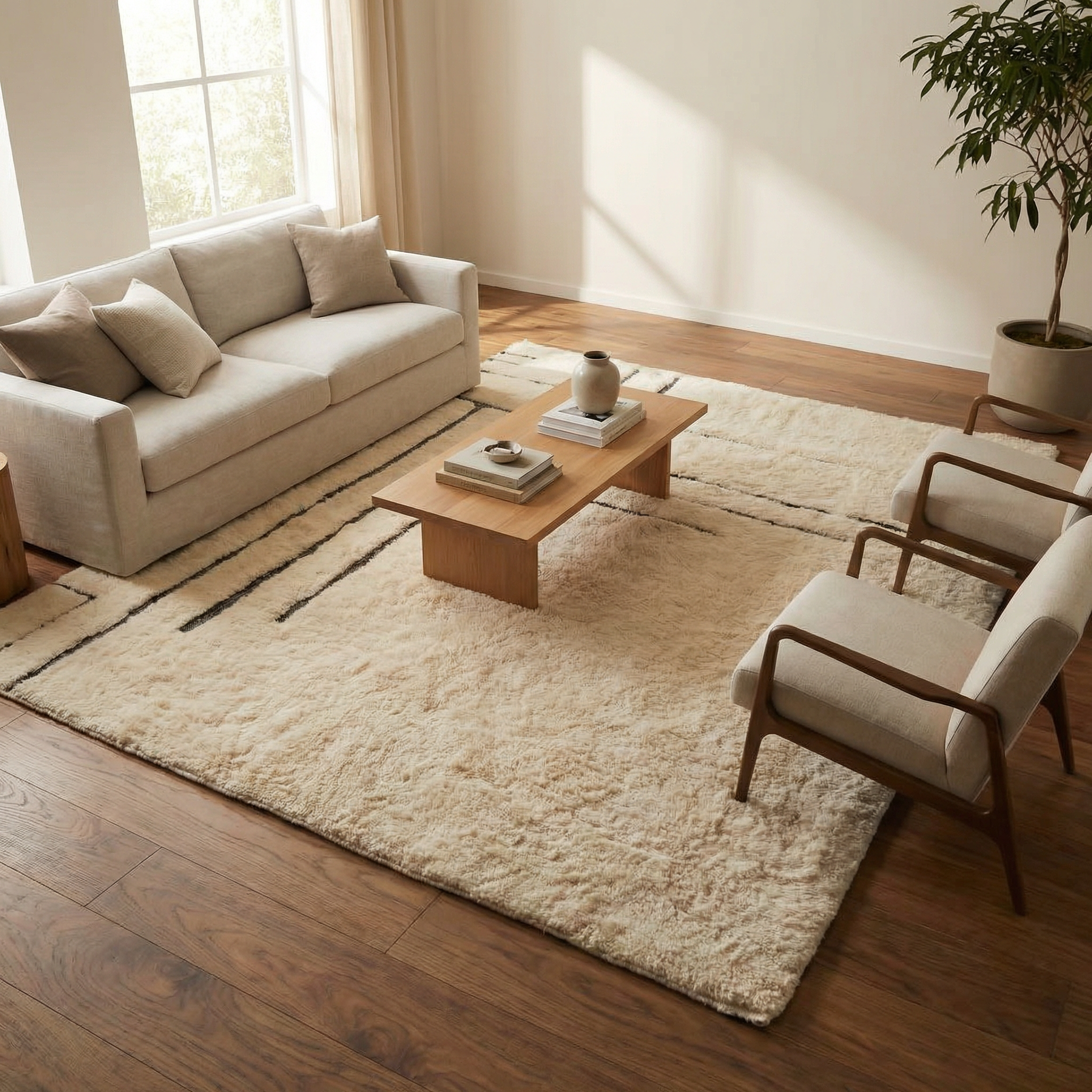 Blue and Orange Stripes - Modern Beni Ourain in Bold Colors