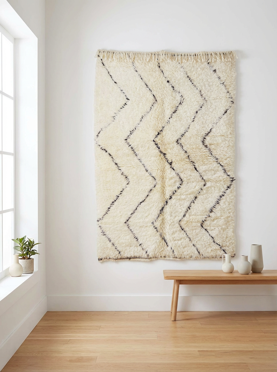 Beni Ourain - White Zigzag Berber Carpet, Beige, Moroccan rug, handmade Beni Ourain Rug, Minimalistic Wool Carpet, Custom, Berber Area Rug