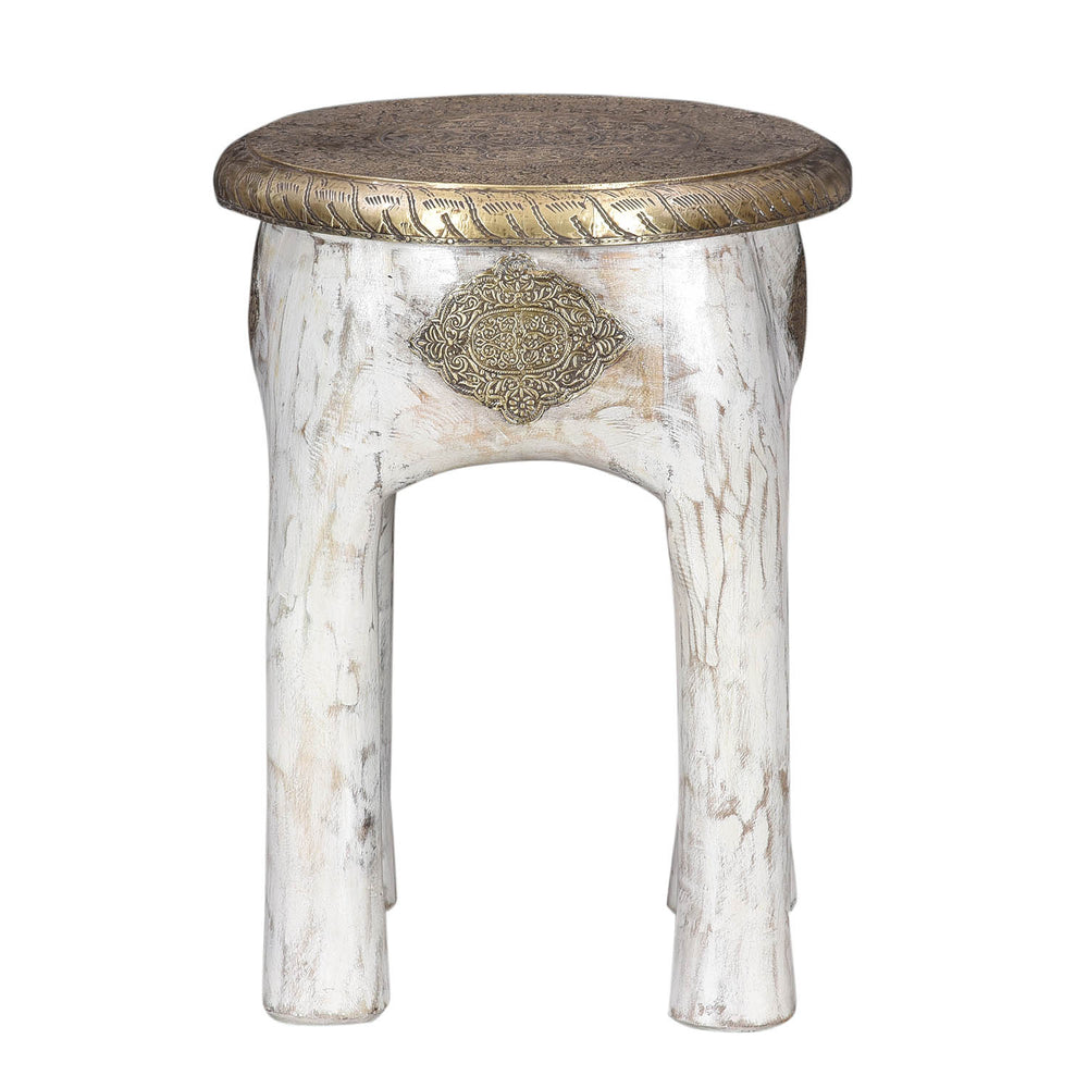 Orientalischer Holzhocker aus Mangoholz mit Messingapplikationen