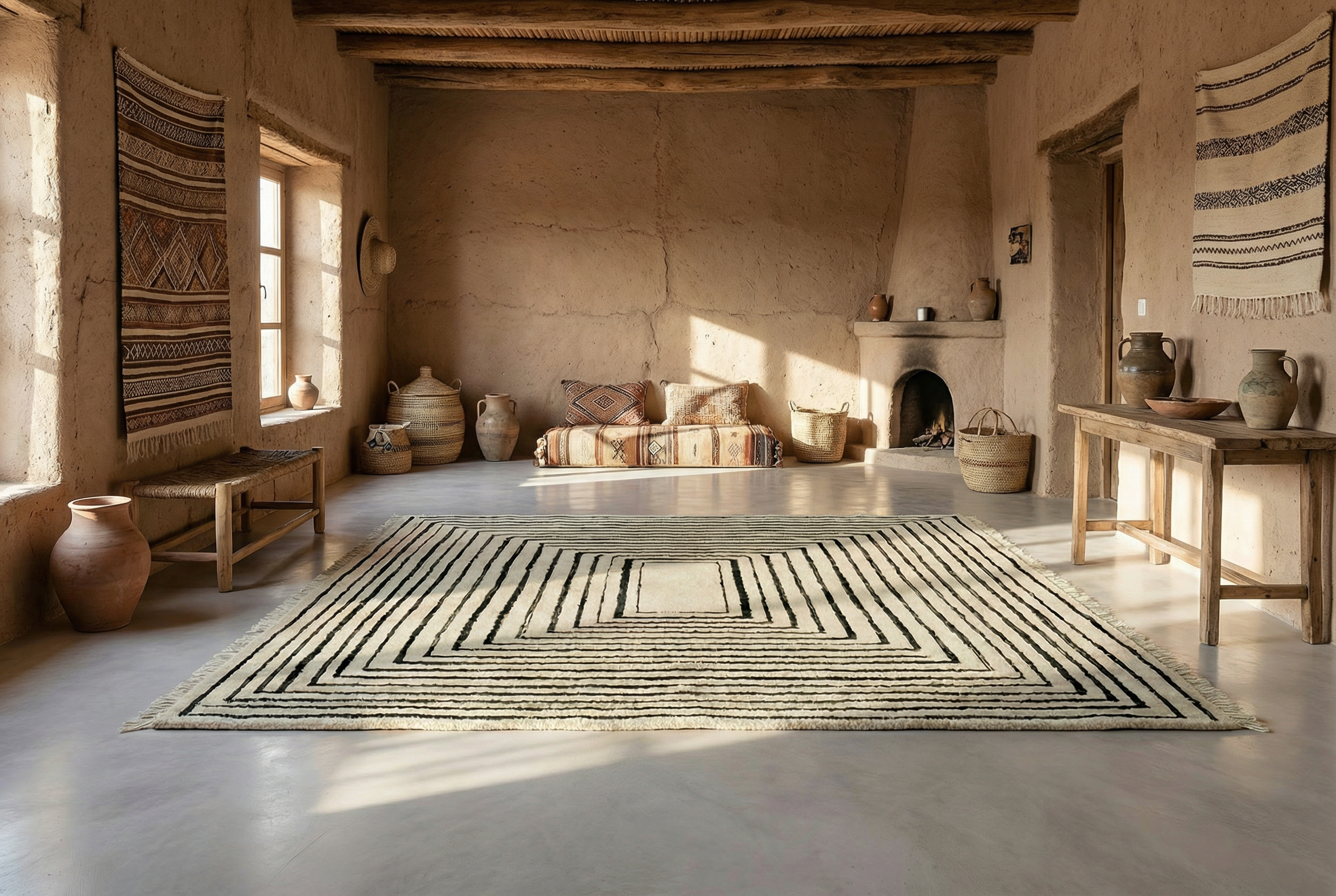 Black And White Squared - Custom Moroccan Rug , Handmade Berber Carpet, Beni Ourain, Wool Rug