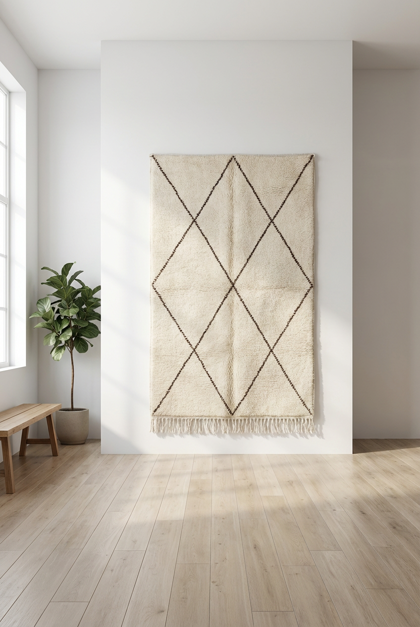 Beni Ourain - Black And White Lines Beige,  Moroccan rug, handmade Beni Ourain Rug, Minimalistic Wool Carpet, Custom, Berber Area Rug