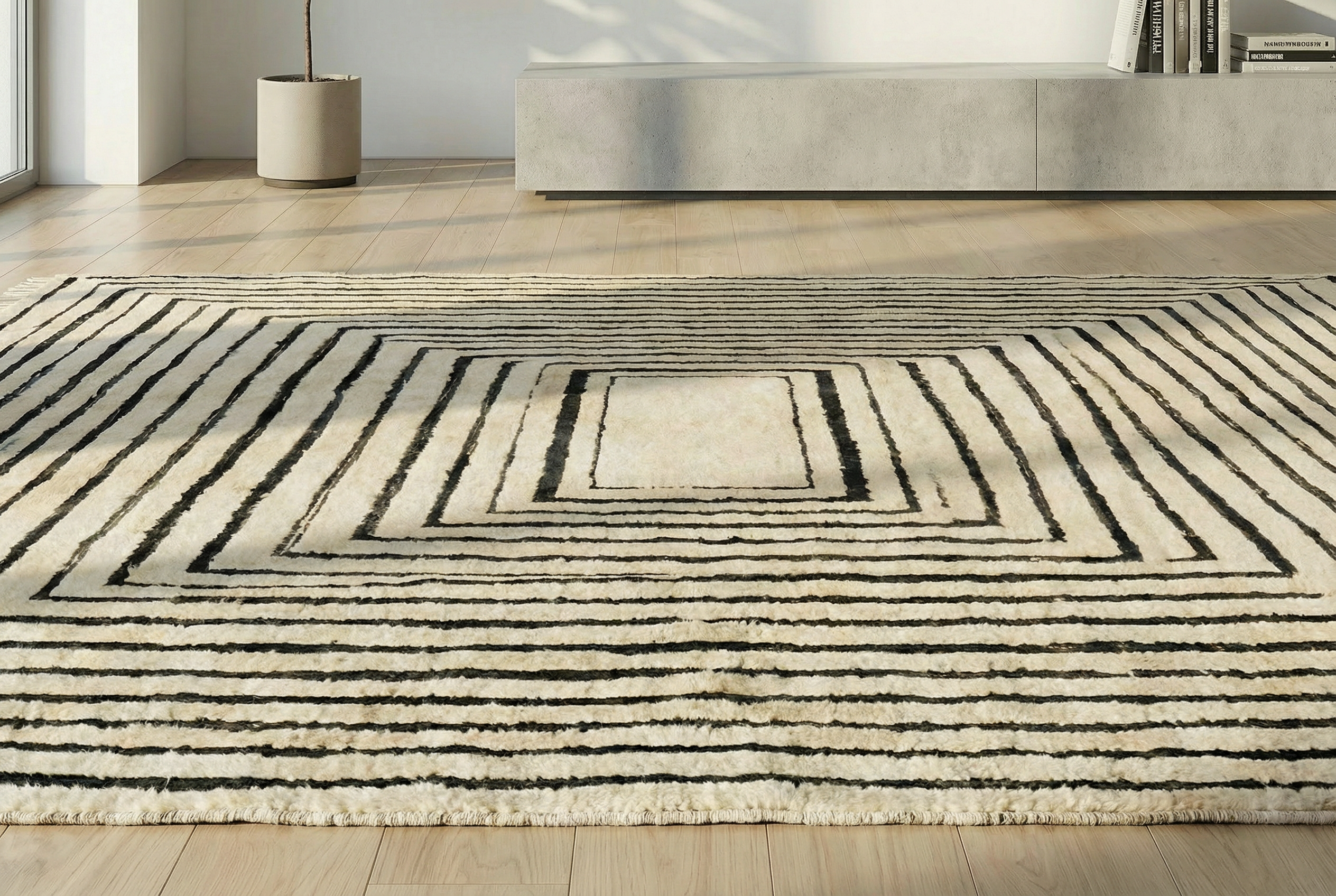 Black And White Squared - Custom Moroccan Rug , Handmade Berber Carpet, Beni Ourain, Wool Rug