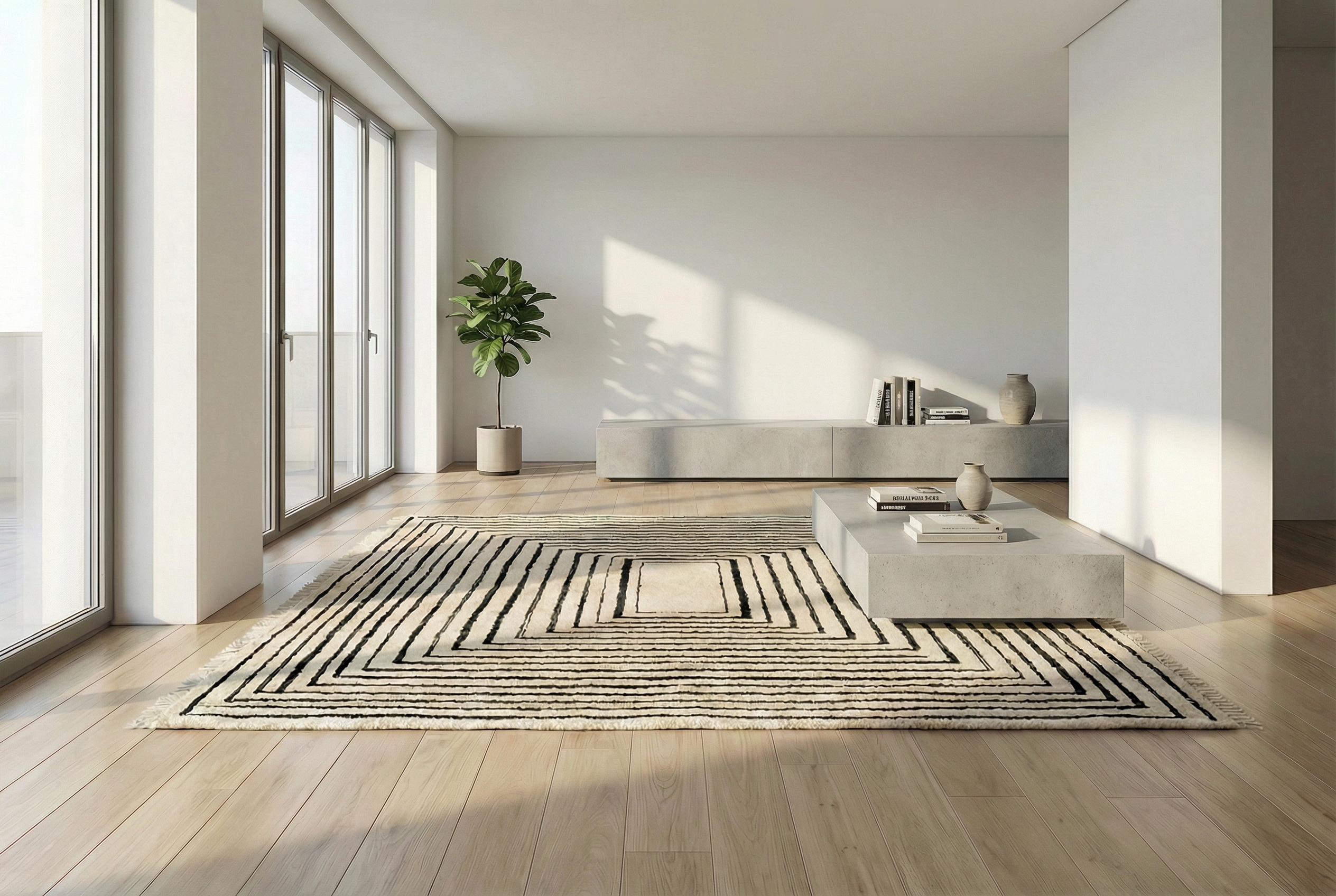 Black And White Squared - Custom Moroccan Rug , Handmade Berber Carpet, Beni Ourain, Wool Rug