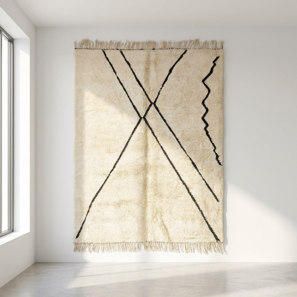 Beni Ourain - Black and White, Lines, Beige, Berber Carpet, Moroccan rugs,  Authentic Handmade, Natural Wool,  Sheep's wool, Cream Berber rugs 