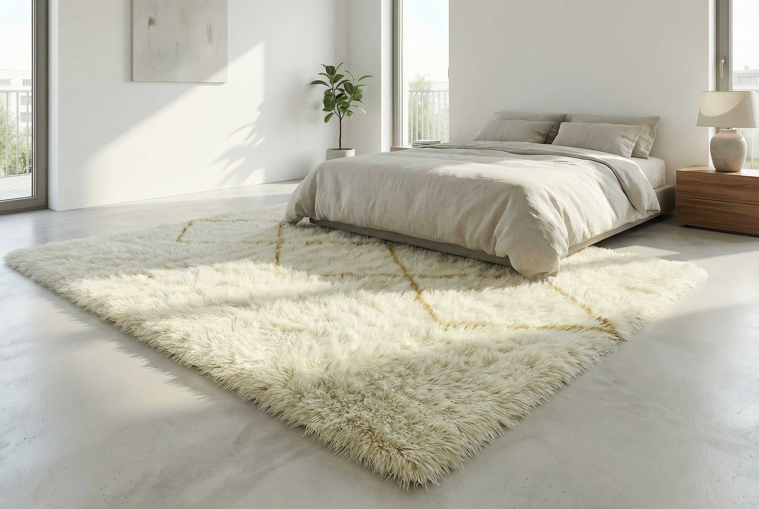 Beni Ourain - Yellow and Dark Blue, Square Pattern, Handmade Minimalistic Wool Carpet, Custom, Berber Area Rug