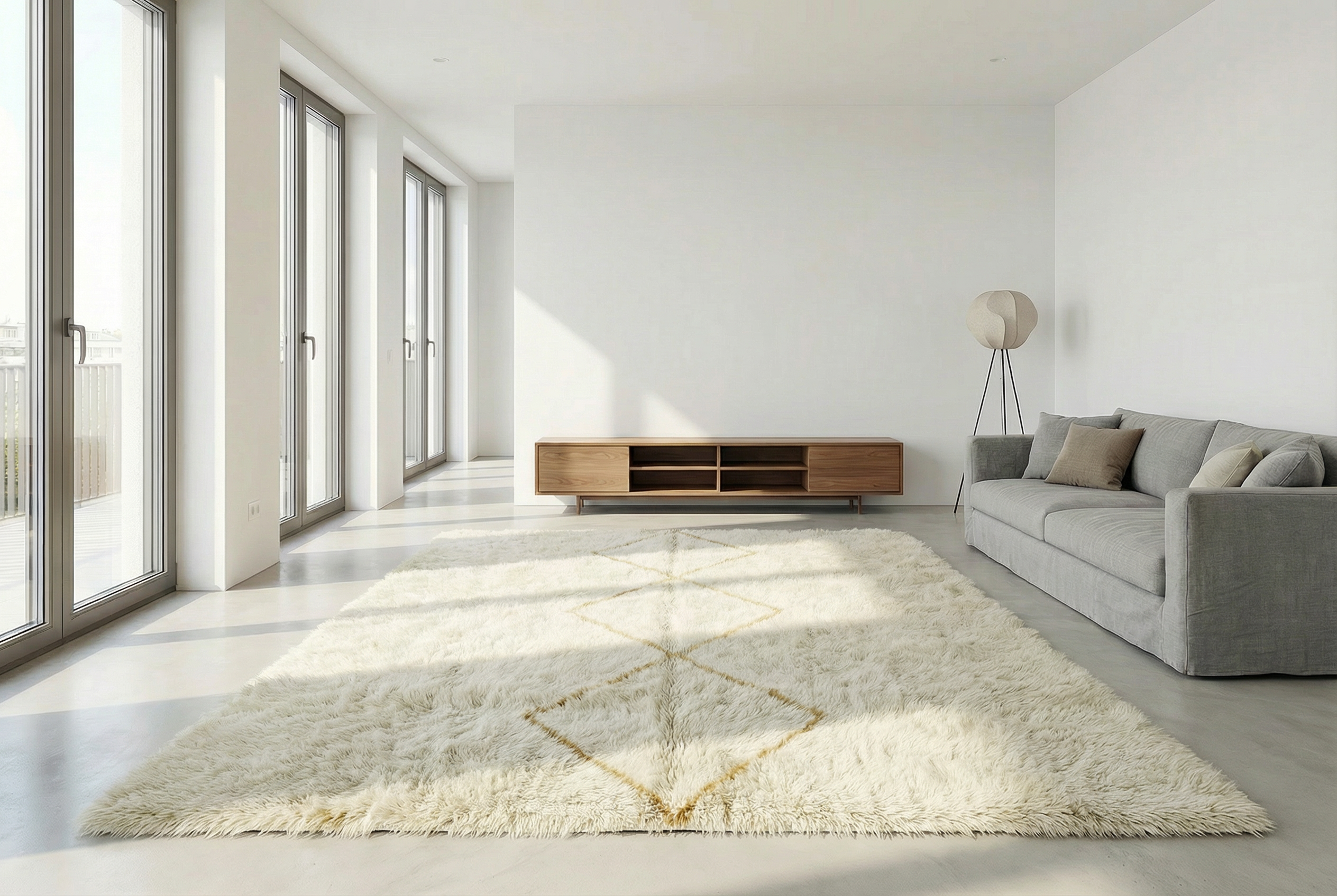 Beni Ourain - Yellow and Dark Blue, Square Pattern, Handmade Minimalistic Wool Carpet, Custom, Berber Area Rug