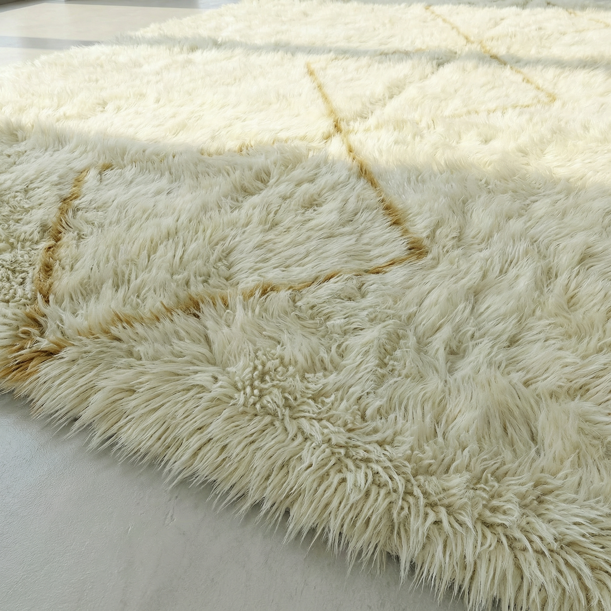 Beni Ourain - Yellow and Dark Blue, Square Pattern, Handmade Minimalistic Wool Carpet, Custom, Berber Area Rug