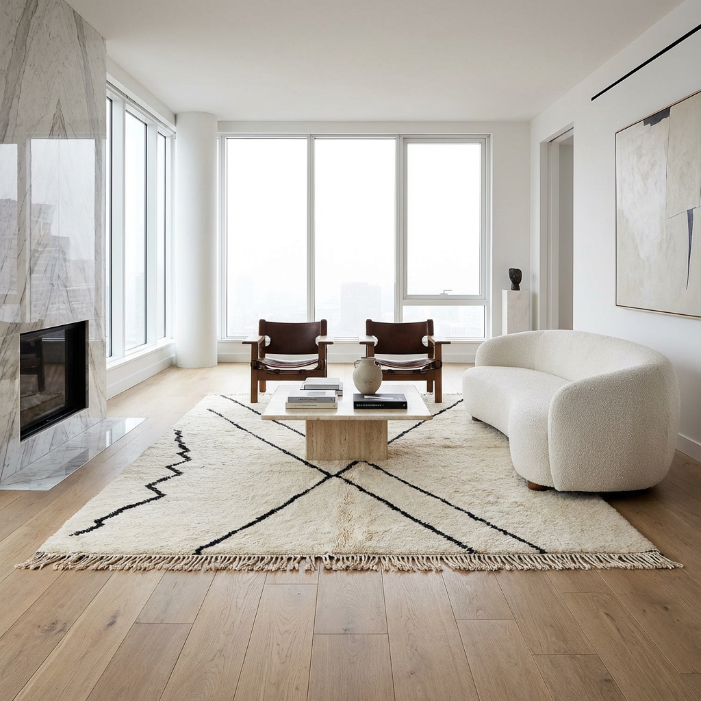 Beni Ourain - Black and White, Lines, Beige, Berber Carpet, Moroccan rugs,  Authentic Handmade, Natural Wool,  Sheep's wool, Cream Berber rugs 