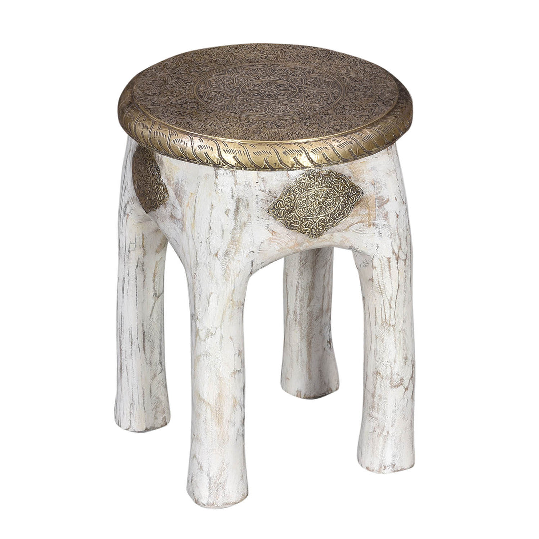 Orientalischer Holzhocker aus Mangoholz mit Messingapplikationen
