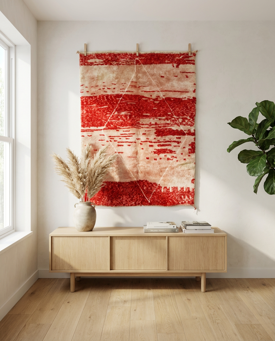 Beni Ourain - Traditional Red Beni Ourain with Linear Pattern Moroccan Rugs, Berber carpets