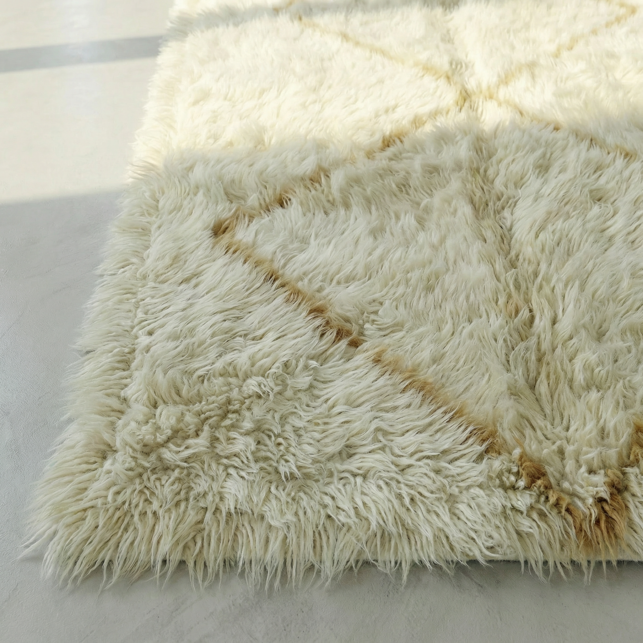 Beni Ourain - Yellow and Dark Blue, Square Pattern, Handmade Minimalistic Wool Carpet, Custom, Berber Area Rug