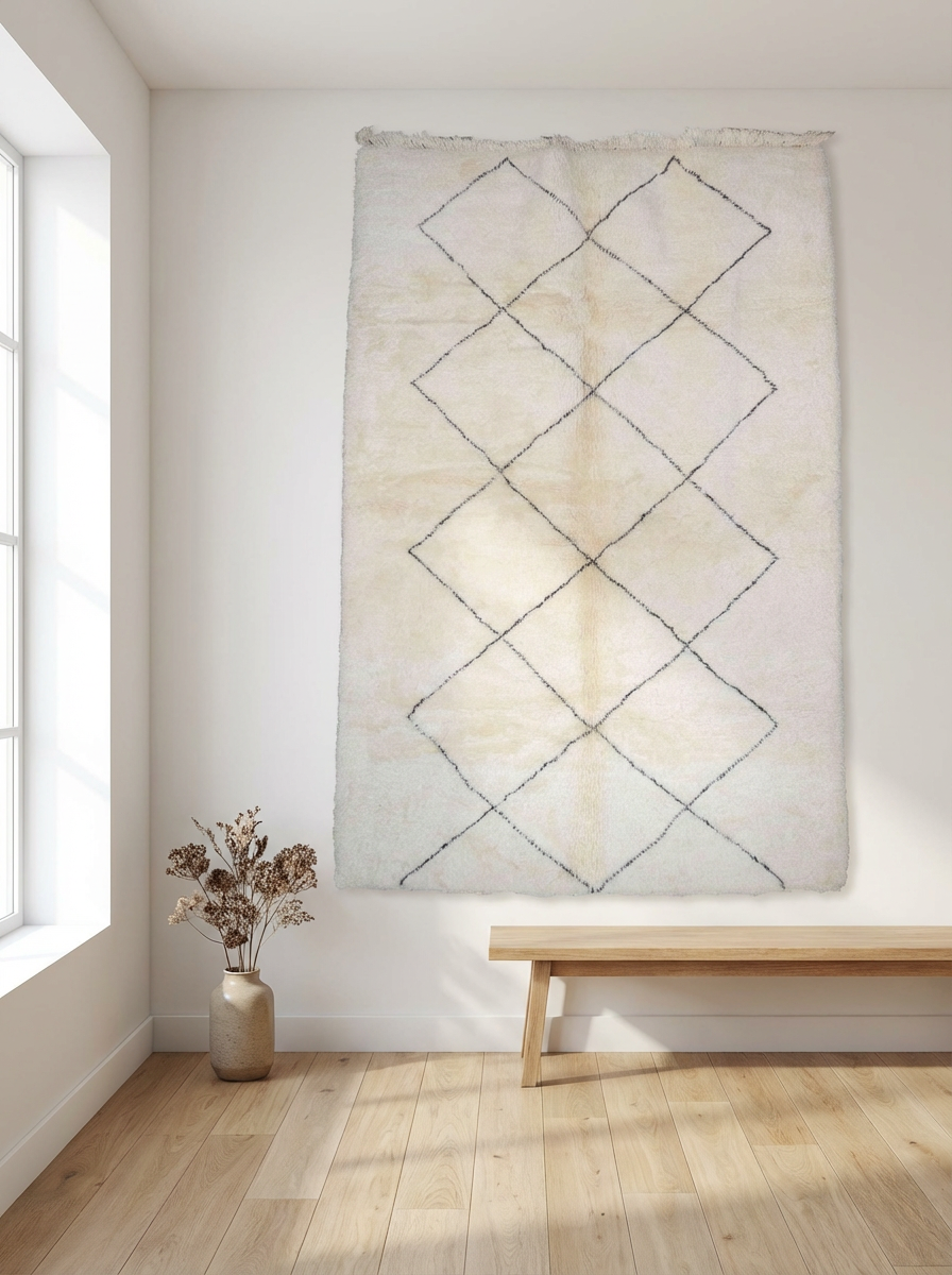 Beni Ourain - Marrakesh, Rhombus Pattern, Black and White, Beige And Cream, Berber carpet, Moroccan rugs,  Authentic Handmade, Natural Wool,  