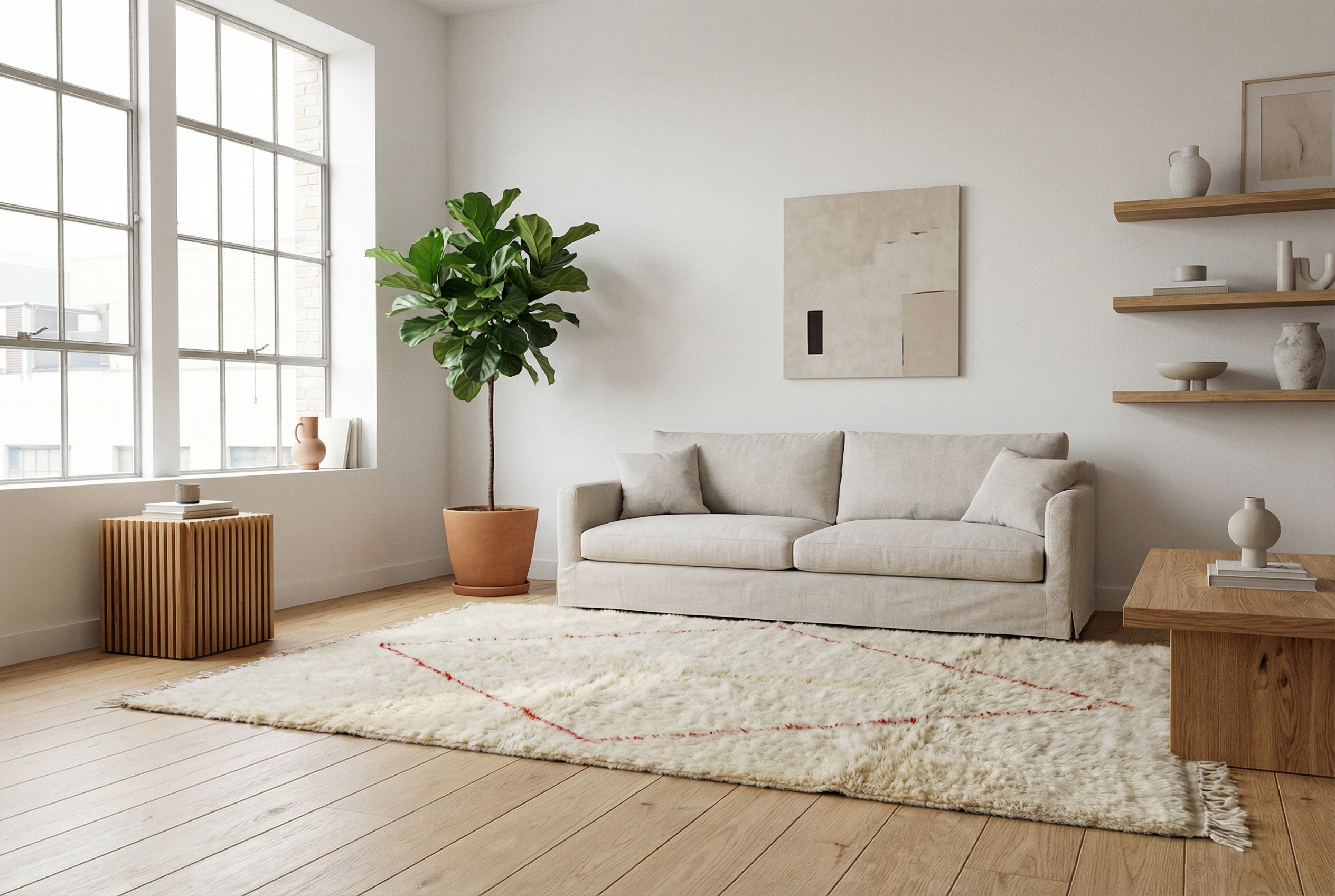 Earthy Beige Beni Ourain - Moroccan Rugs, Berber Carpet, Linear Design, Wool Handwoven, Fair Art